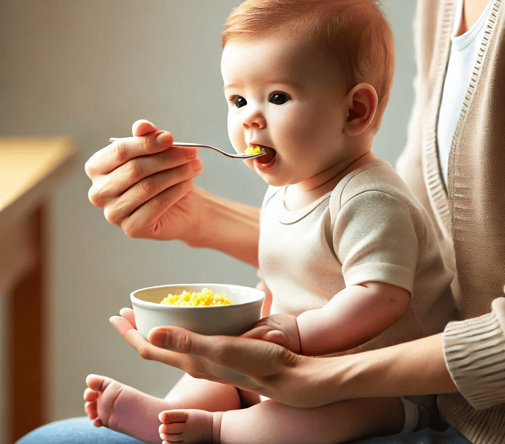 Baby sitzt auf dem Schoss der Mutter und wird mit Beikost gefüttert.
