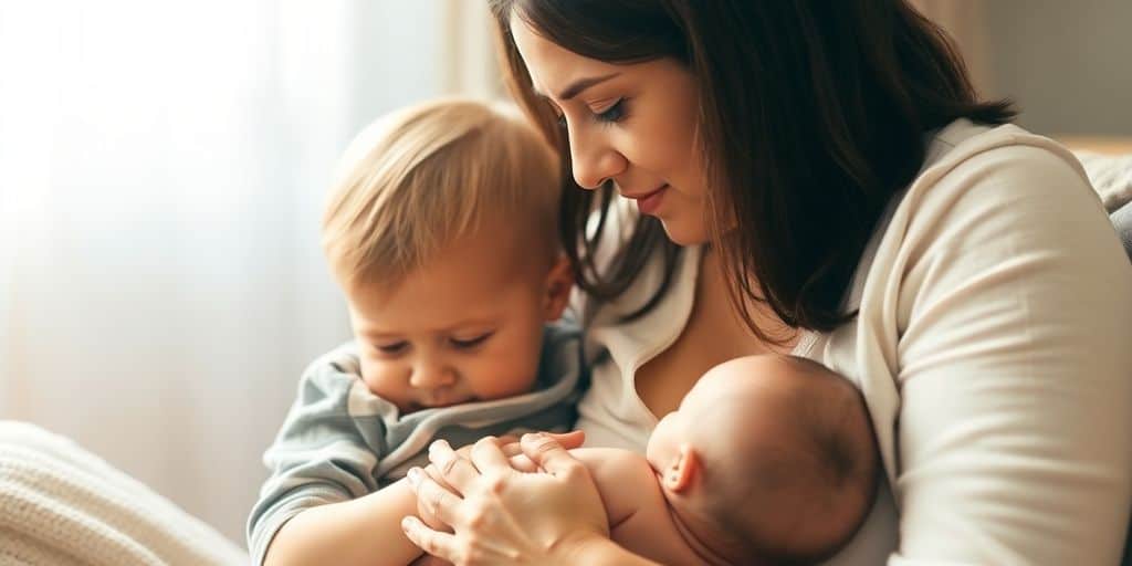 Langzeitstillen. Mutter mit ihren Kindern
