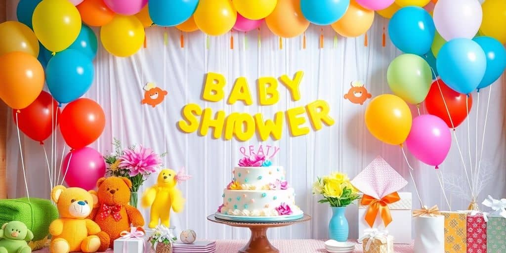 Bild von Dekoration für Babyshower-Party: Teddies, Luftballon, Geschenke, Torte. Text:"Baby Shower"