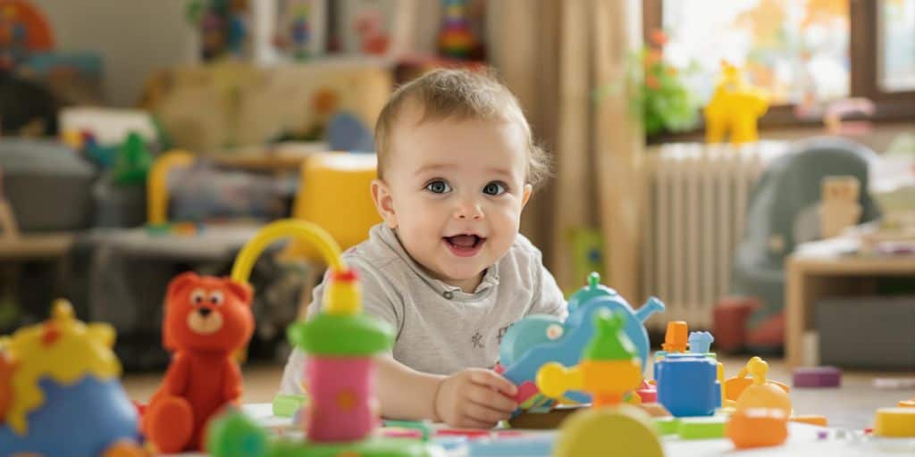 Ein fröhliches Baby spielt mit bunten Spielsachen.