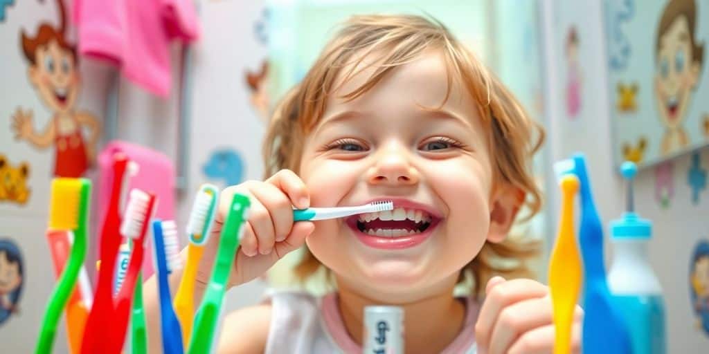 Ein fröhliches Kind putzt sich die Zähne.