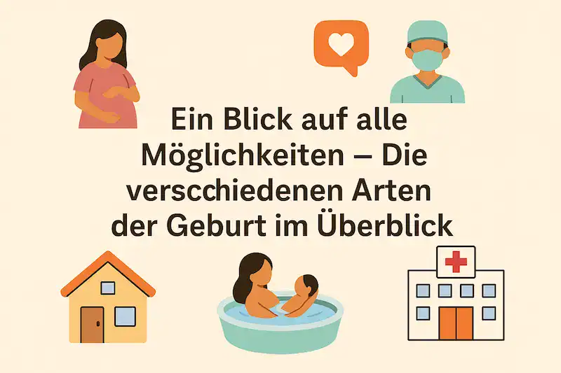 Verschiedene Zeichnungen: Frau hält ihren Schwangerschaftsbauch - Arzt mit OP-Ausstattung - Haus - Mutter und Baby in Badewanne - Krankenhaus. Text:"Ein Blick auf alle Möglichkeiten - Die verschiedenen Arten der Geburt im Überblick"