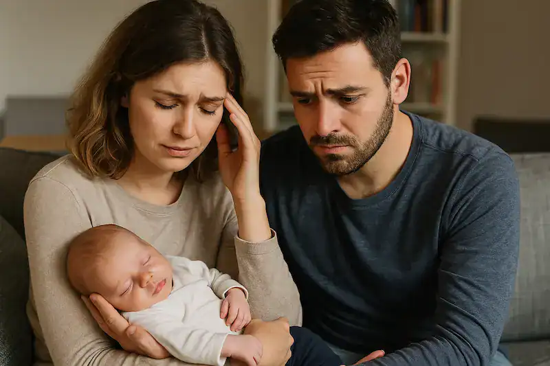 Mutter und Vater schauen besorgt - beide halten schlafendes Baby gemeinsam
