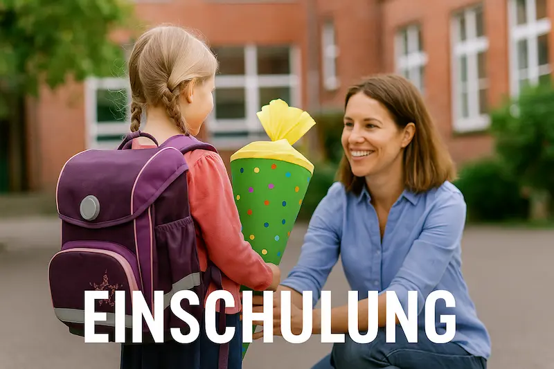 Mutter kniet sich zu Tochter runter, die eine Schultüte hält und eine Schultasche auf dem Rücken hat. Text:"Einschulung"