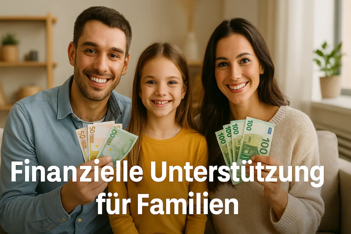 Eine lächelnde Familie mit Kind zeigt Euro-Geldscheine als Symbol für finanzielle Unterstützung für Familien.