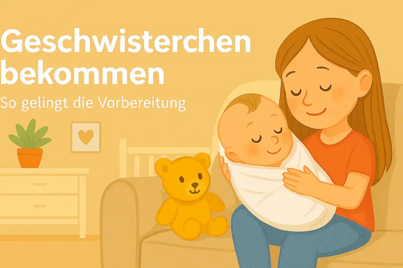 Schwester hält auf Sofa Baby im Arm. Text:"Geschwisterchen bekommen - So gelingt die Vorbereitung."