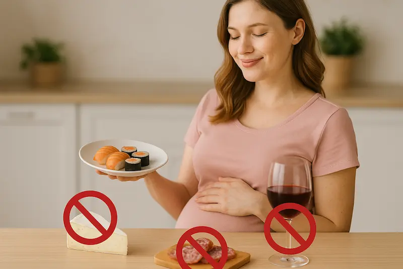 Schwangere Frau sitzt an einem Küchentisch mit einer Hand auf dem Bauch. Vor ihr liegen Sushi, Weichkäse, Salami und ein Glas Rotwein – jeweils mit roten Verbotsschildern markiert. Es veranschaulicht verbotene Lebensmittel in der Schwangerschaft.