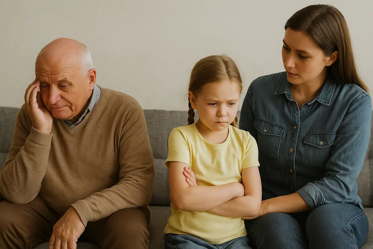 Ein nachdenkliches Mädchen sitzt mit verschränkten Armen zwischen ihrer Mutter und ihrem traurigen Großvater – ein Bild zum Thema „Dann ist Opa traurig“.