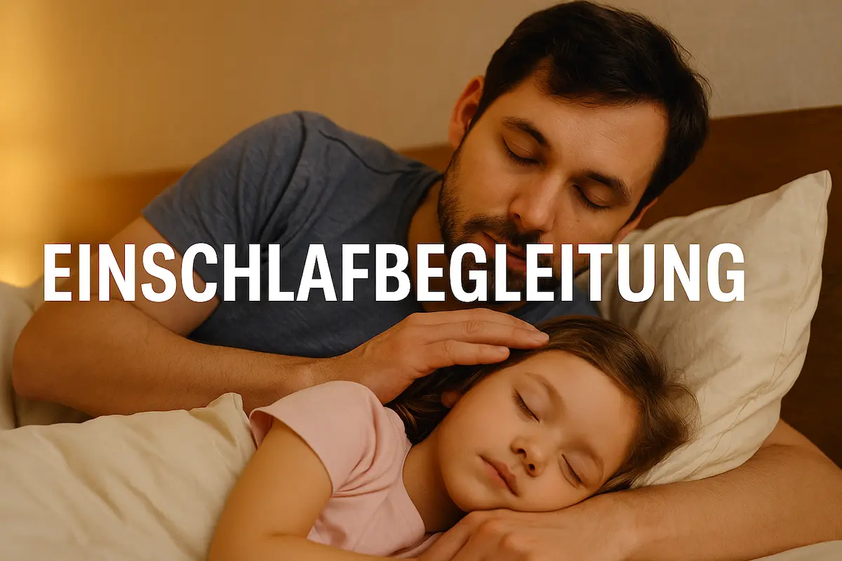 Vater begleitet sein Kind beim Einschlafen – liebevolle Einschlafbegleitung in ruhiger Abendstimmung.