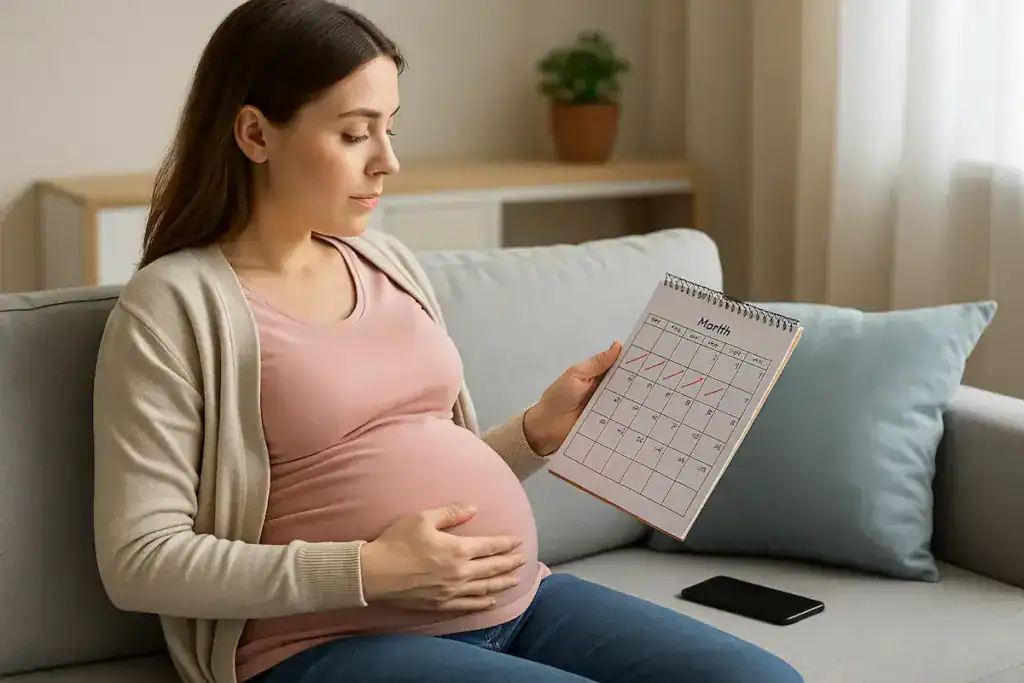 Schwangere Frau sitzt auf einem Sofa und betrachtet einen Kalender mit markierten Schwangerschaftssymptomen Woche für Woche