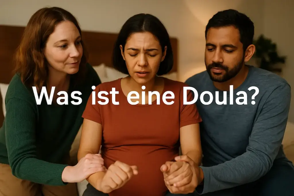 Was ist eine Doula: Doula stützt eine Gebärende während einer Wehe; der Partner hält ihre Hand. Warme, ruhige Umgebung, Fokus auf kontinuierlicher, nicht-medizinischer Begleitung.