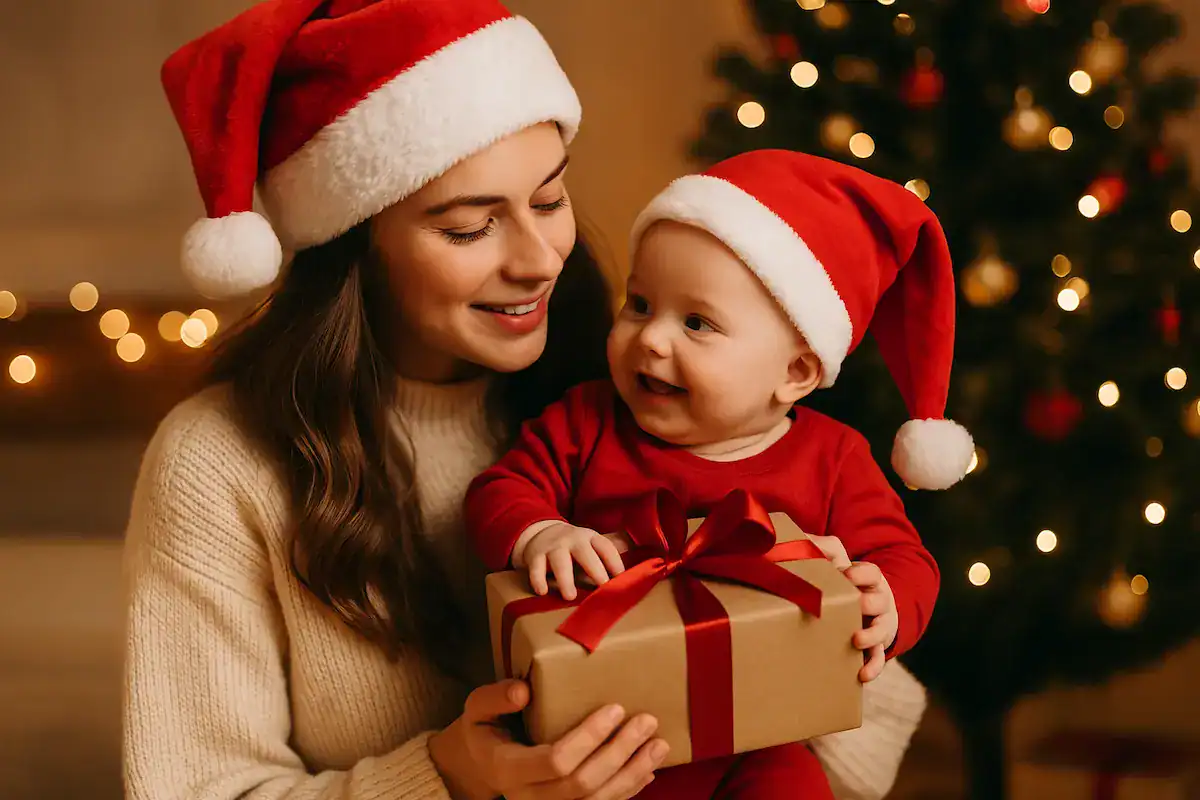 Mutter und Baby feiern Weihnachten mit Baby, beide tragen Weihnachtsmützen und halten ein Geschenk vor dem festlich geschmückten Baum.