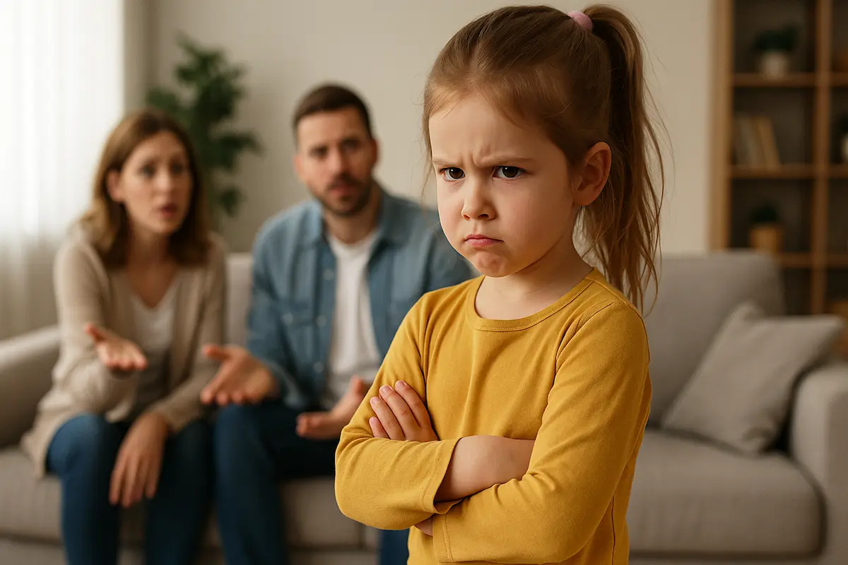 Ein Kind mit verschränkten Armen steht trotzig im Wohnzimmer, während die Eltern im Hintergrund besorgt reagieren. Ein Sinnbild für willsenstarke Kinder.