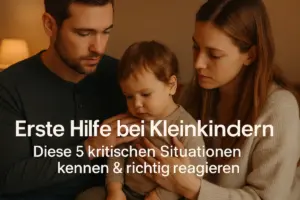 Mutter und Vater trösten ihr Kleinkind in einer warmen Alltagsszene – ein einfühlsames Bild zum Thema Erste Hilfe bei Kleinkindern.