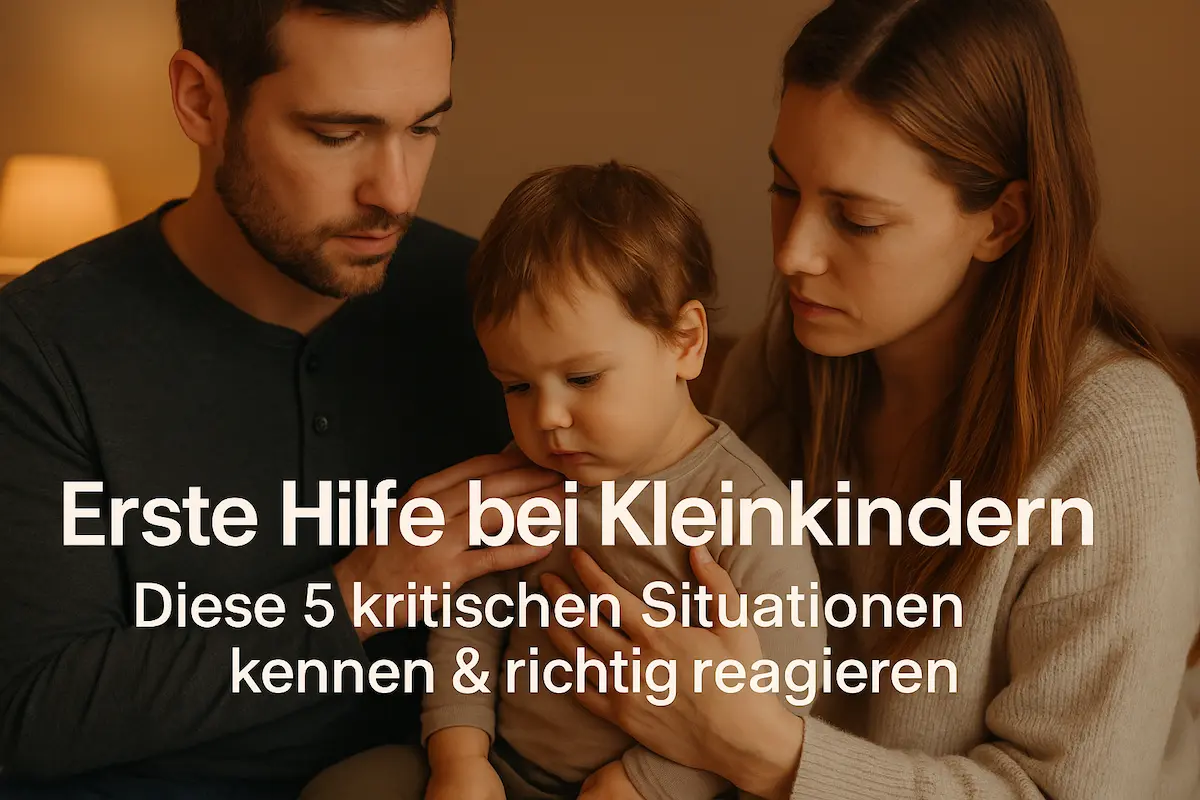 Mutter und Vater trösten ihr Kleinkind in einer warmen Alltagsszene – ein einfühlsames Bild zum Thema Erste Hilfe bei Kleinkindern.