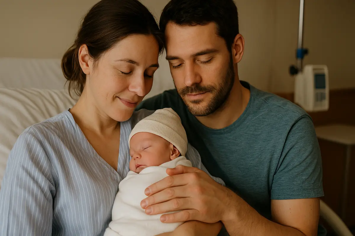 Mutter und Vater halten ihr Baby in den ersten 24 Stunden nach der Geburt ruhig im Arm in einem Krankenhauszimmer.