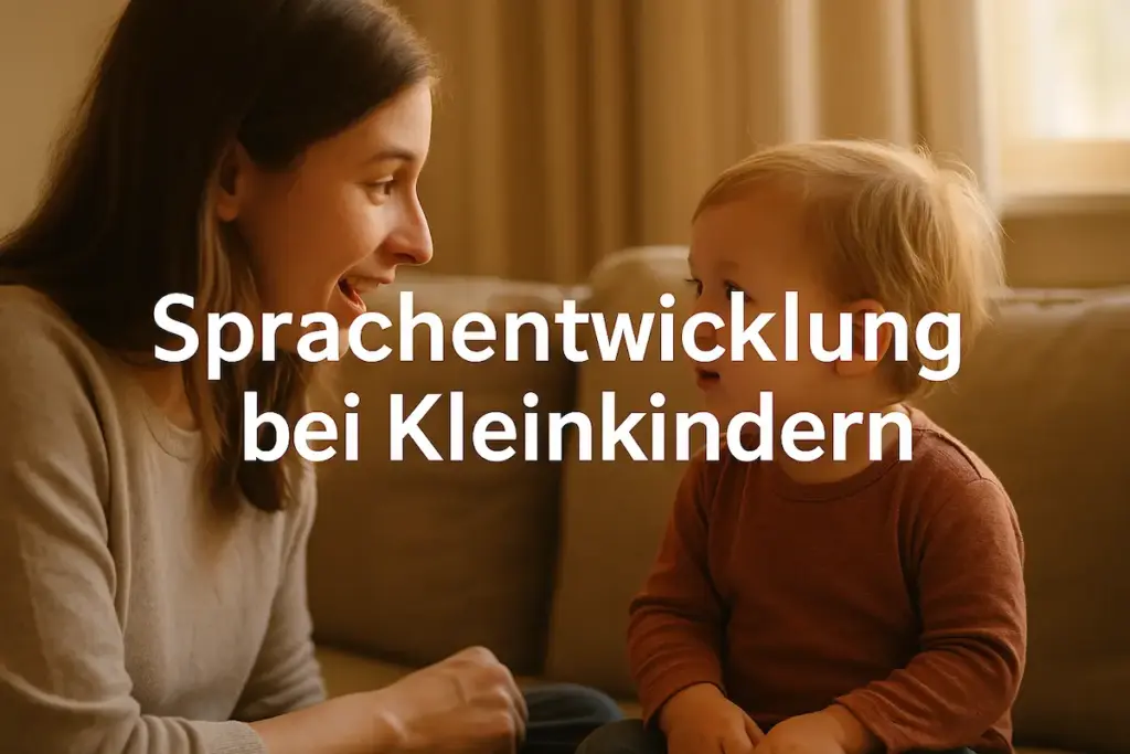 Mutter und Kleinkind sitzen einander zugewandt auf dem Sofa und sprechen miteinander – ein warmer Alltagseinblick in die Sprachentwicklung bei Kleinkindern.