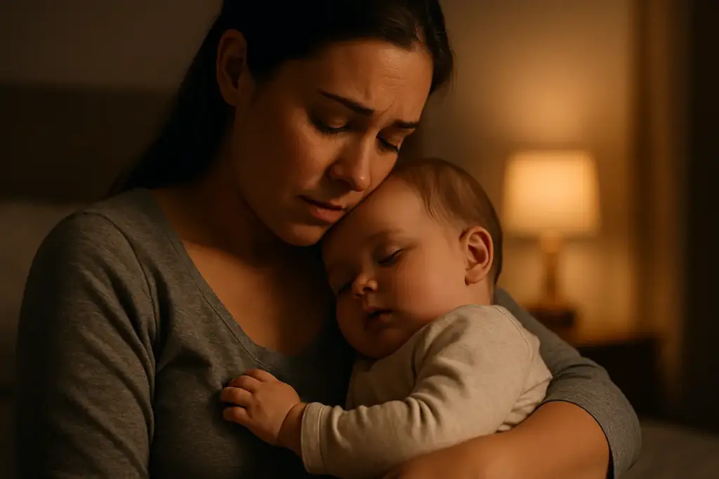 Eine Mutter hält ihr Baby nachts liebevoll im Arm, während es eingeschlafen ist – eine einfühlsame Szene für den Artikel „Wenn das Baby nachts nicht durchschläft“.