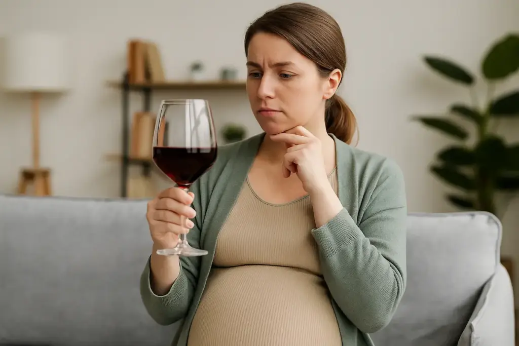 Schwangere Frau betrachtet nachdenklich ein Glas Rotwein – Szene zeigt typische Schwangerschafts-Mythen zu Alkohol.
