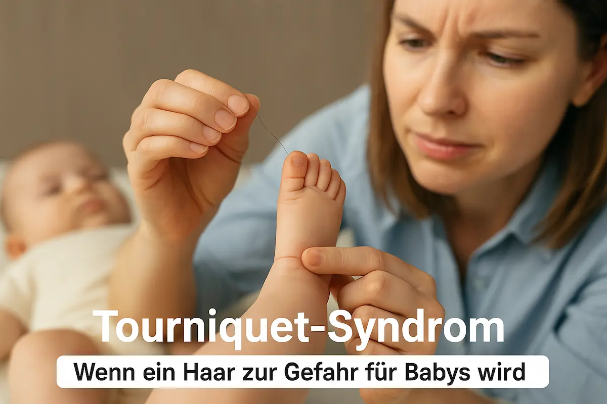Eine Mutter untersucht die Zehen ihres Babys, um mögliche Anzeichen eines Tourniquet-Syndroms frühzeitig zu erkennen.