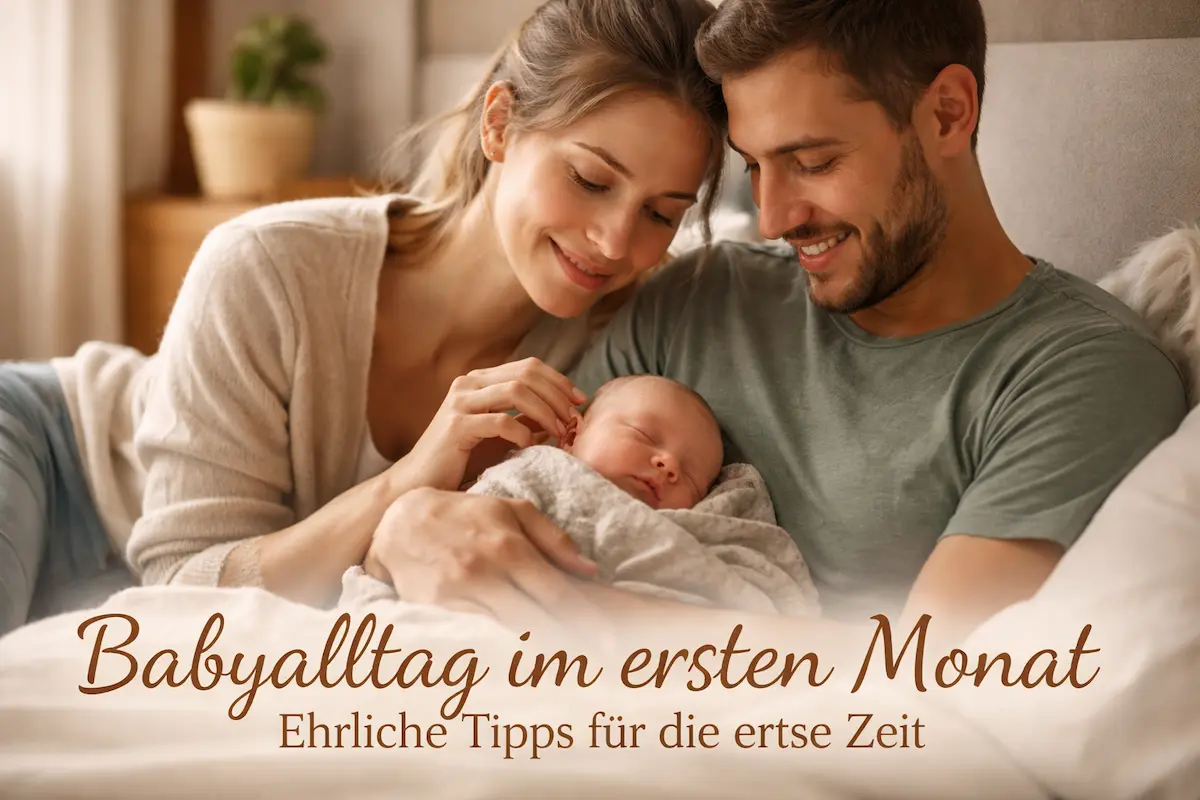 Eltern sitzen gemeinsam auf dem Bett und halten ihr Neugeborenes – innige Alltagsszene aus dem Babyalltag im ersten Monat.