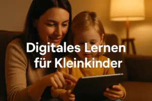 Mutter und Kleinkind sitzen eng beieinander und lernen gemeinsam mit einem Tablet – eine warme Alltagsszene zum Thema digitales Lernen für Kleinkinder.