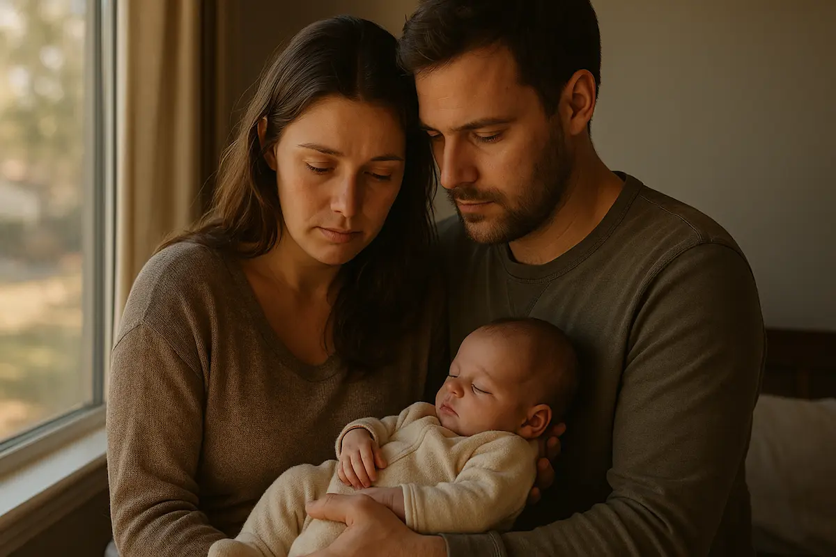 Eltern sitzen in warmem Licht mit ihrem schlafenden Baby im Arm – eine ruhige Alltagsszene, die zeigt, wie sensibel psychische Gesundheit nach der Geburt begleitet werden sollte.