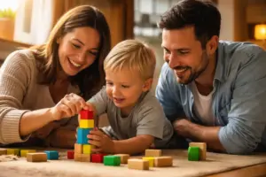 Einfache Spiele für Kinder: Eltern spielen gemeinsam mit ihrem Kind und bauen mit Holzklötzen