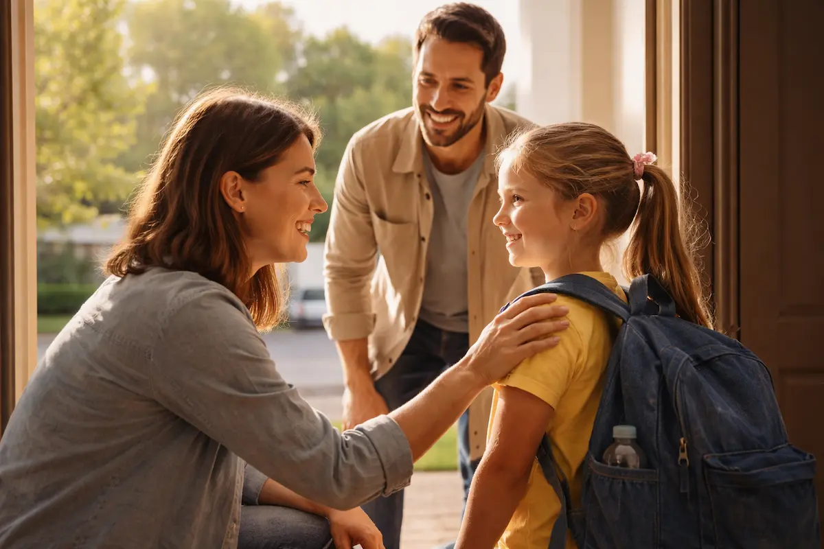 Elterliche Autonomiegewährung: Eltern verabschieden ihr Kind liebevoll auf dem Weg in einen selbstständigen Alltag