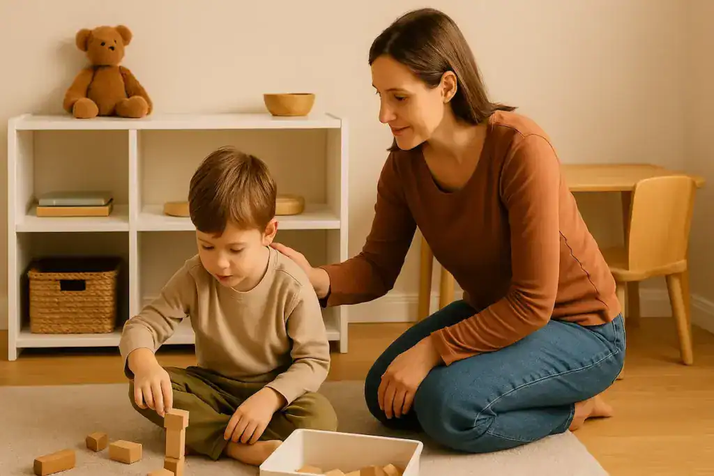 Mutter und Kind spielen gemeinsam mit Holzklötzen in einem hellen Raum – eine warme Alltagsszene, die Minimalismus im Kinderzimmer zeigt.