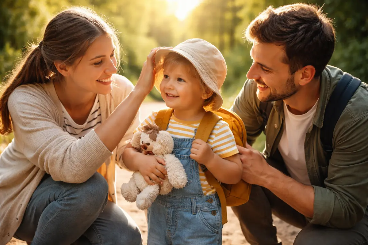 Erste Ausflüge mit Kleinkind: Eltern begleiten ihr Kind bei einem entspannten Spaziergang im Park
