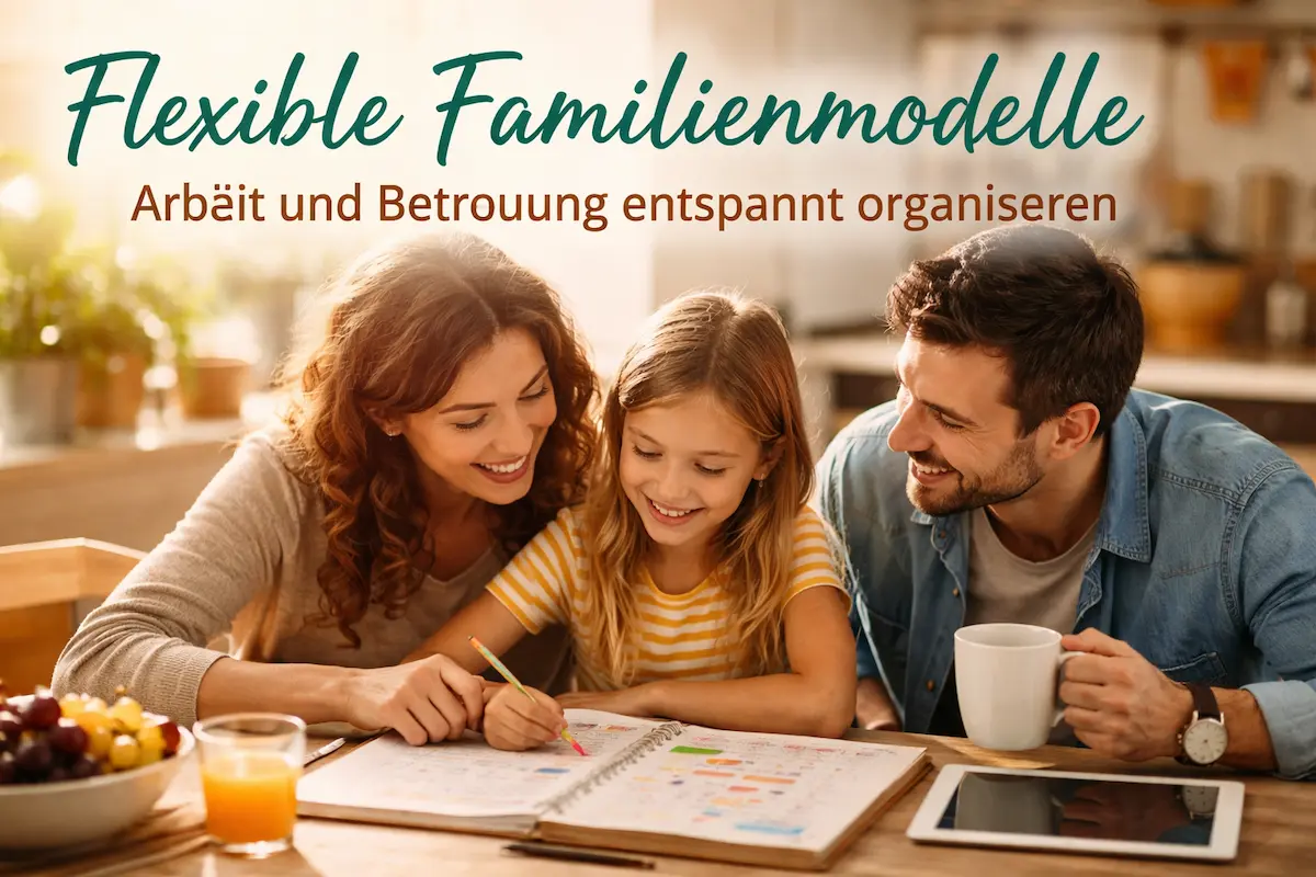Flexible Familienmodelle: Eltern planen gemeinsam mit ihrem Kind den Familienalltag am Küchentisch