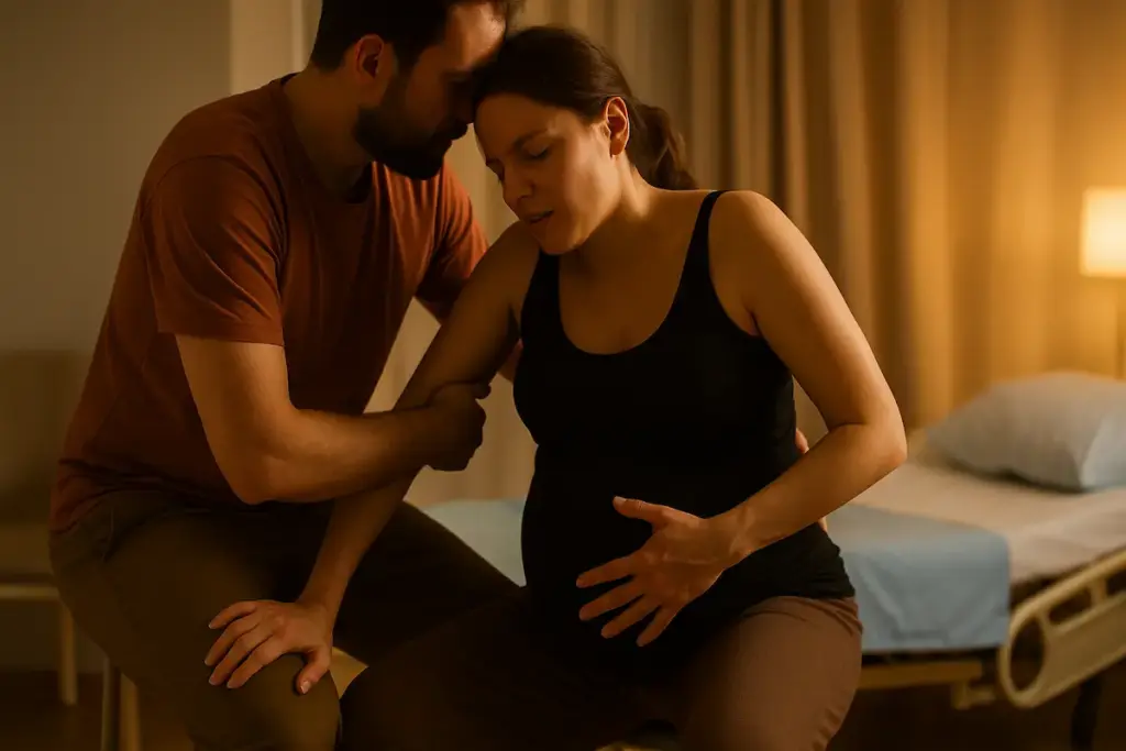 Geburtspositionen: Gebärende lehnt sich während der Wehen im warm beleuchteten Kreißsaal an ihren Partner, der ihr Halt gibt.