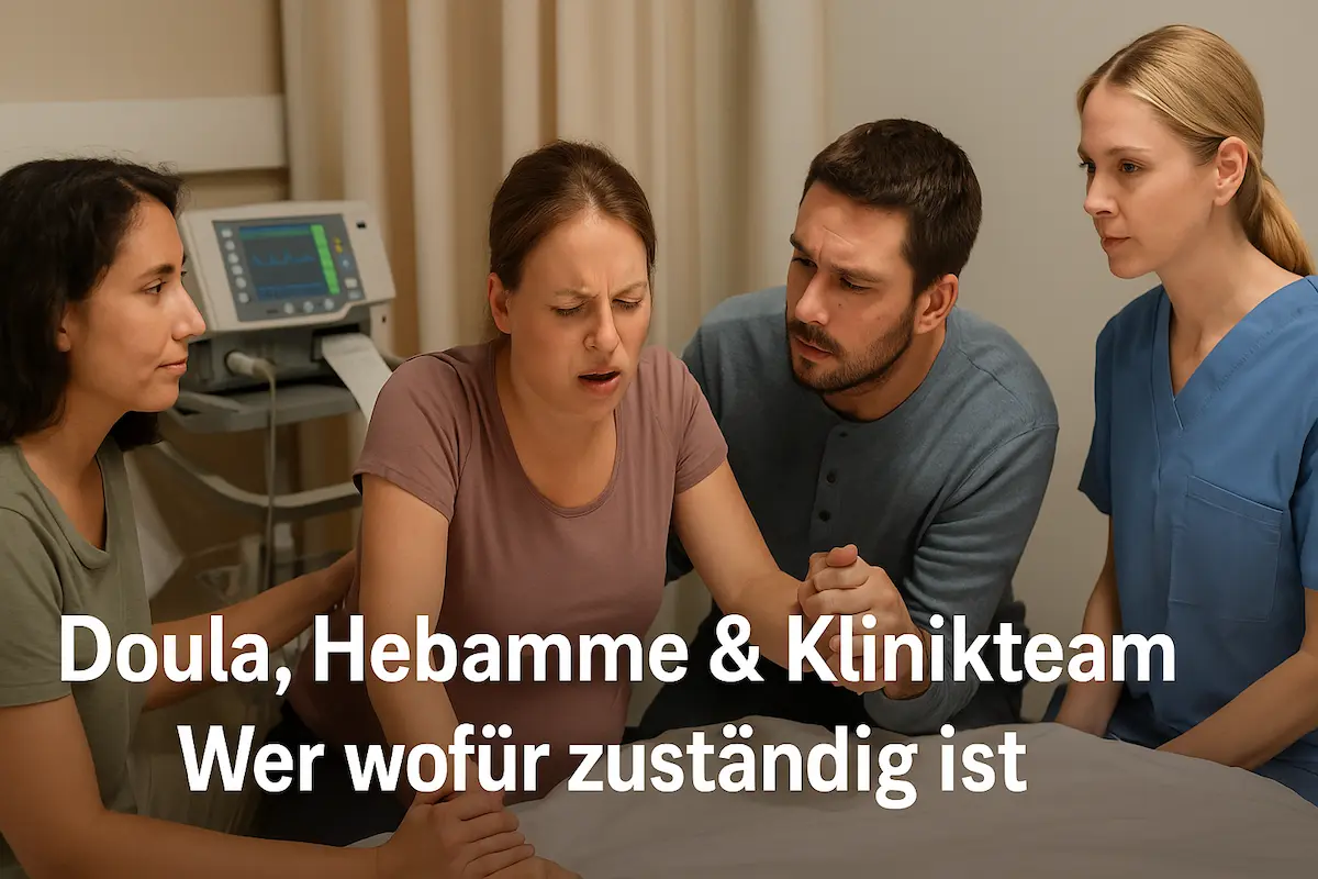 Geburtsszene im Krankenhaus mit gebärender Person, Partner, Doula, Hebamme und Klinikteam – Doula, Hebamme und Klinikteam bei der gemeinsamen Begleitung.