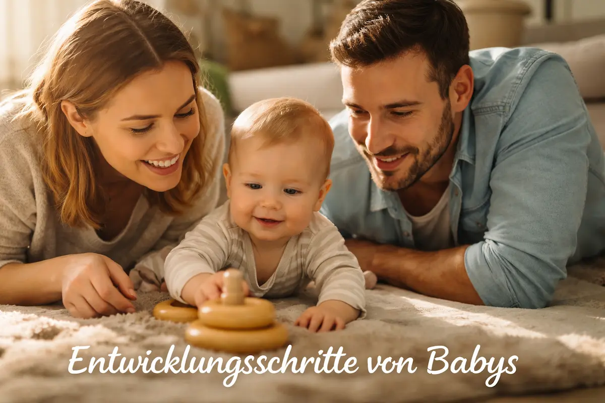 Eltern liegen auf dem Boden neben ihrem Baby und begleiten spielerisch die Entwicklungsschritte von Babys in einer warmen Alltagsszene.