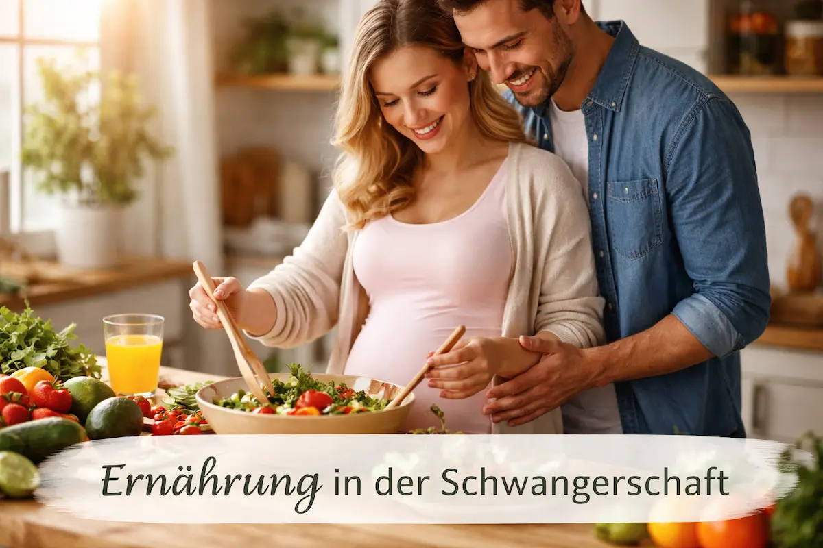 Ernährung in der Schwangerschaft: werdende Eltern bereiten gemeinsam eine ausgewogene Mahlzeit in ruhiger Alltagssituation zu.