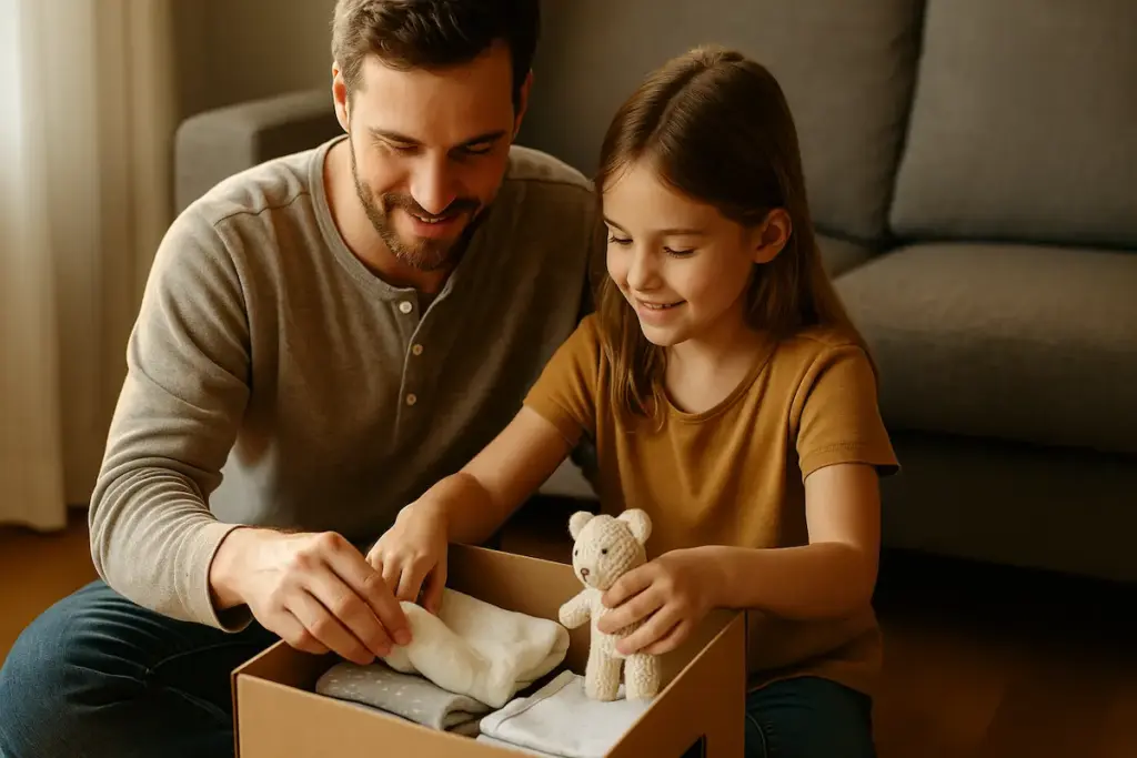 Elternteil und großes Kind packen gemeinsam eine Babybox und bereiten sich liebevoll auf das Geschwisterkind vor.