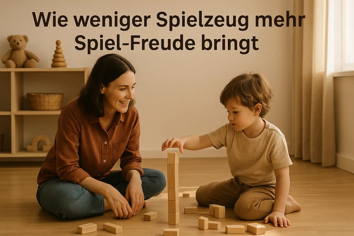Mutter und Kind spielen in warmer Lichtstimmung mit Holzklötzen – eine liebevolle Alltagsszene, die zeigt, wie Minimalismus im Kinderzimmer mehr Spiel-Freude bringt.