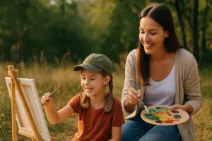 Mutter und Tochter sitzen auf einer Wiese und malen gemeinsam an einer Staffelei – ein Beispiel für Kreative Hobbies in der Natur, die ihre Beziehung stärken.