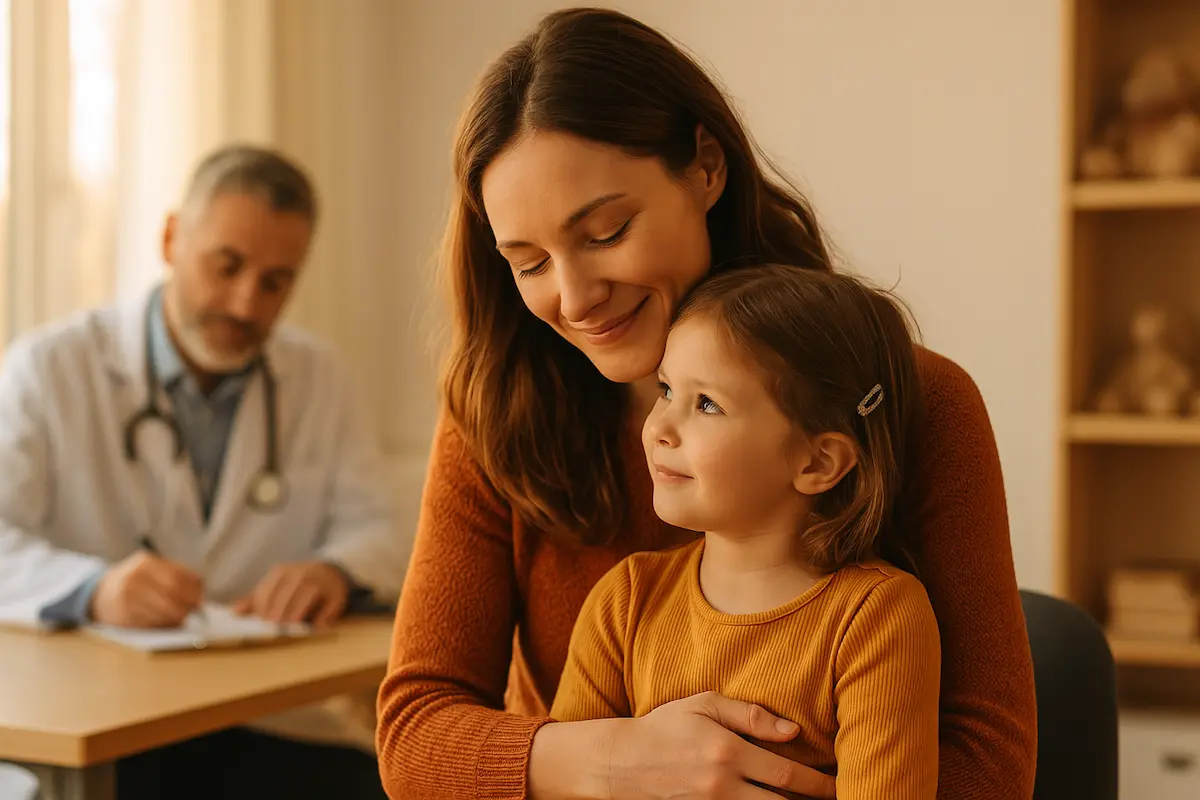 Mutter hält ihr Kind liebevoll im Arm während einer Vorsorgeuntersuchung beim Arzt; beide lächeln einander warm an.