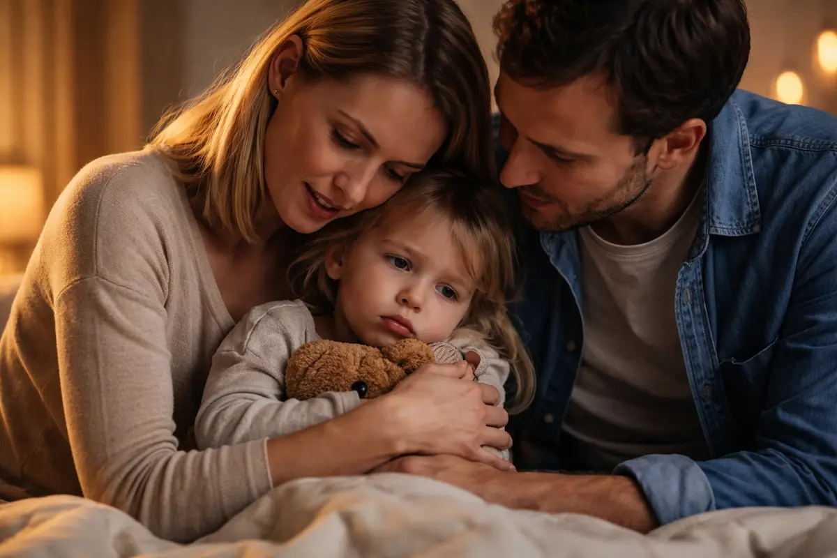 Eltern trösten ihr Kleinkind liebevoll – Ängste bei Kleinkindern zeigen sich oft in Momenten, in denen Nähe besonders wichtig ist.