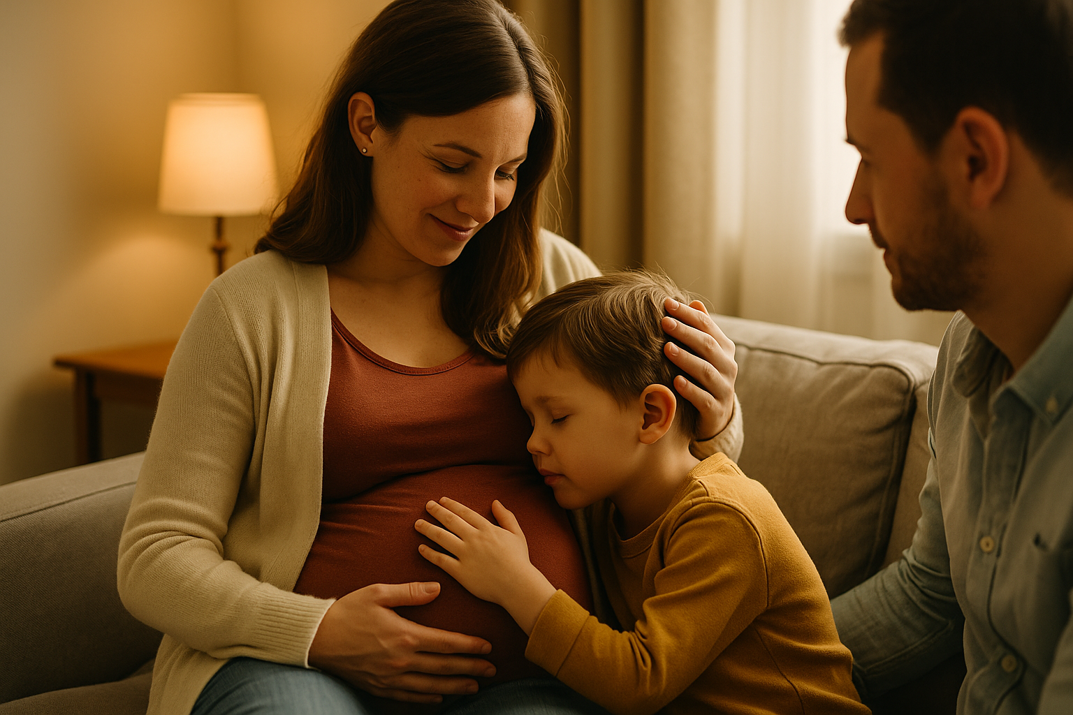 Mutter sitzt mit ihrem großen Kind auf dem Sofa; das Kind lehnt liebevoll an ihren Bauch, während beide sich auf das kommende Geschwisterkind vorbereiten.