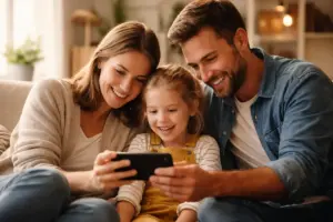 Eltern und Kind sitzen gemeinsam auf dem Sofa und schauen auf ein Smartphone – Sharenting als bewusster Moment im Familienalltag.