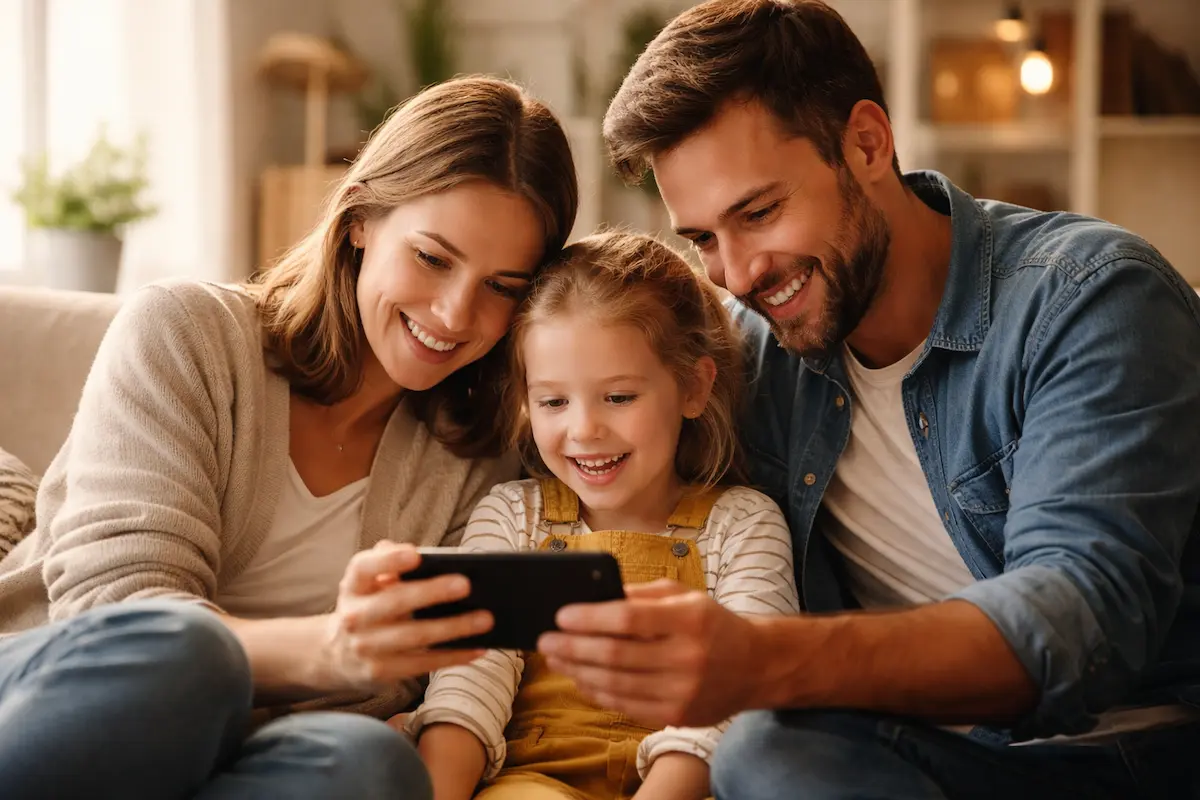 Eltern und Kind sitzen gemeinsam auf dem Sofa und schauen auf ein Smartphone – Sharenting als bewusster Moment im Familienalltag.