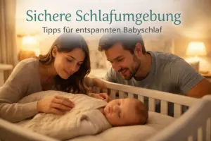 Eltern legen ihr Baby liebevoll in eine sichere Schlafumgebung im abendlichen Schlafzimmer.