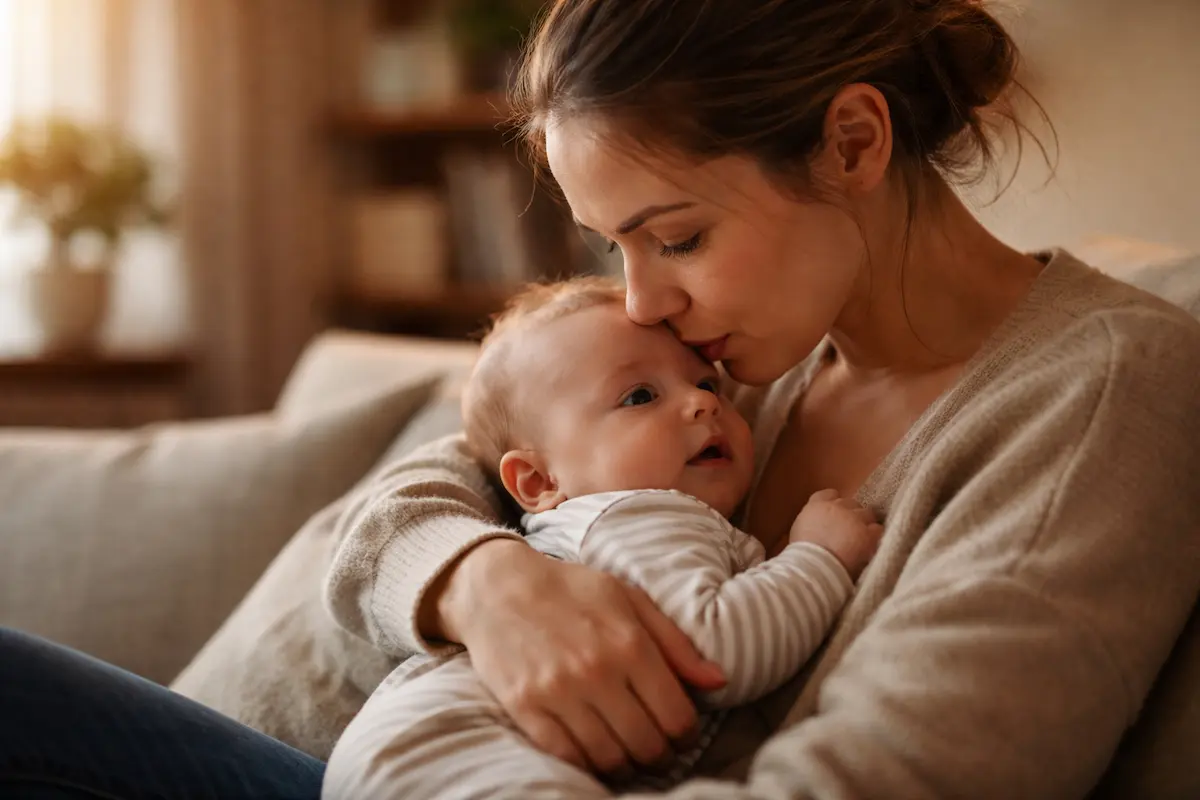 Elternteil hält ein Baby in den Armen – ein ruhiger Moment, der zeigt, wie sich Signale von Babys oft über Nähe und Beziehung ausdrücken.