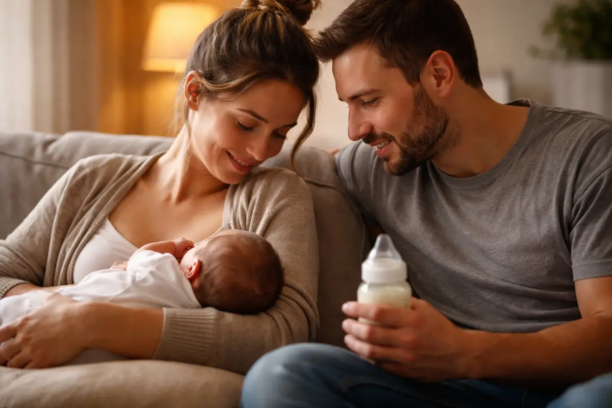 Eltern sitzen gemeinsam mit ihrem Neugeborenen auf dem Sofa – Stillen oder Flasche steht nicht im Mittelpunkt, sondern die ruhige, zugewandte Beziehung zum Kind.