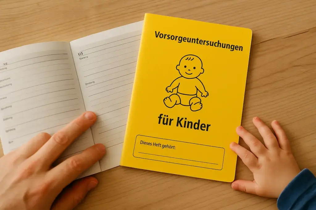 Elternhand und Kinderhand halten gemeinsam das gelbe U-Heft für Vorsorgeuntersuchungen; daneben liegt eine geöffnete Seite mit Einträgen.