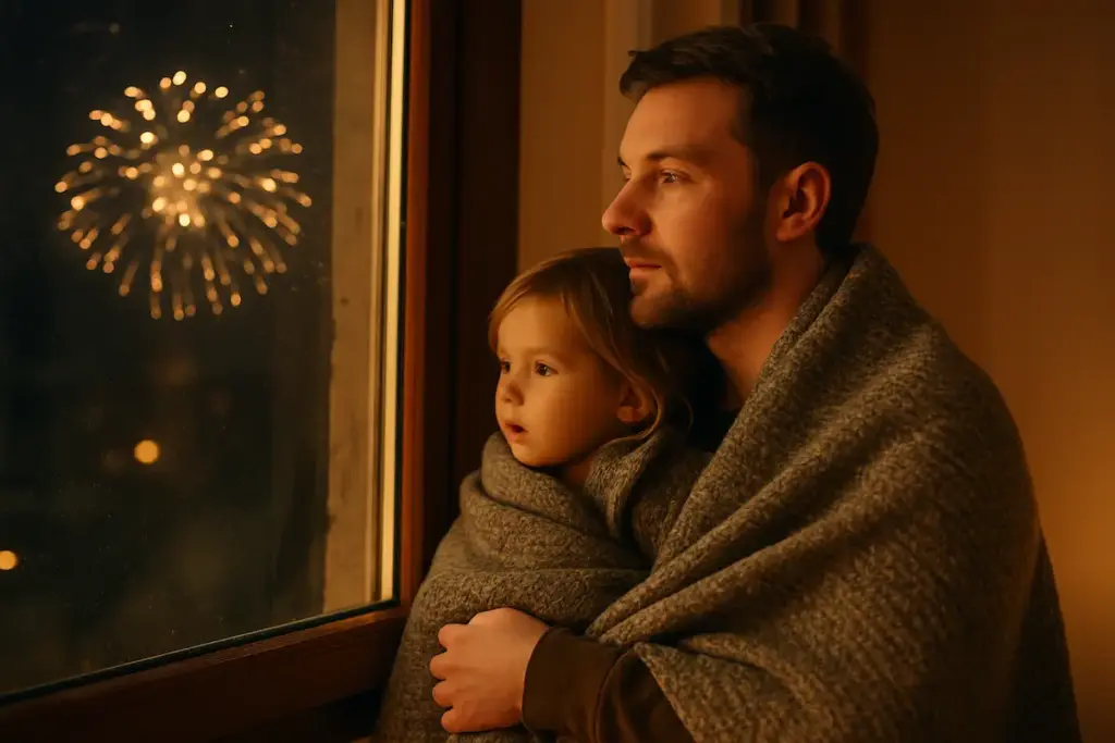 Vater und Kind stehen an einem Fenster, eng in eine Decke gewickelt, und erleben Silvester mit Kindern in einer ruhigen, warmen Atmosphäre.