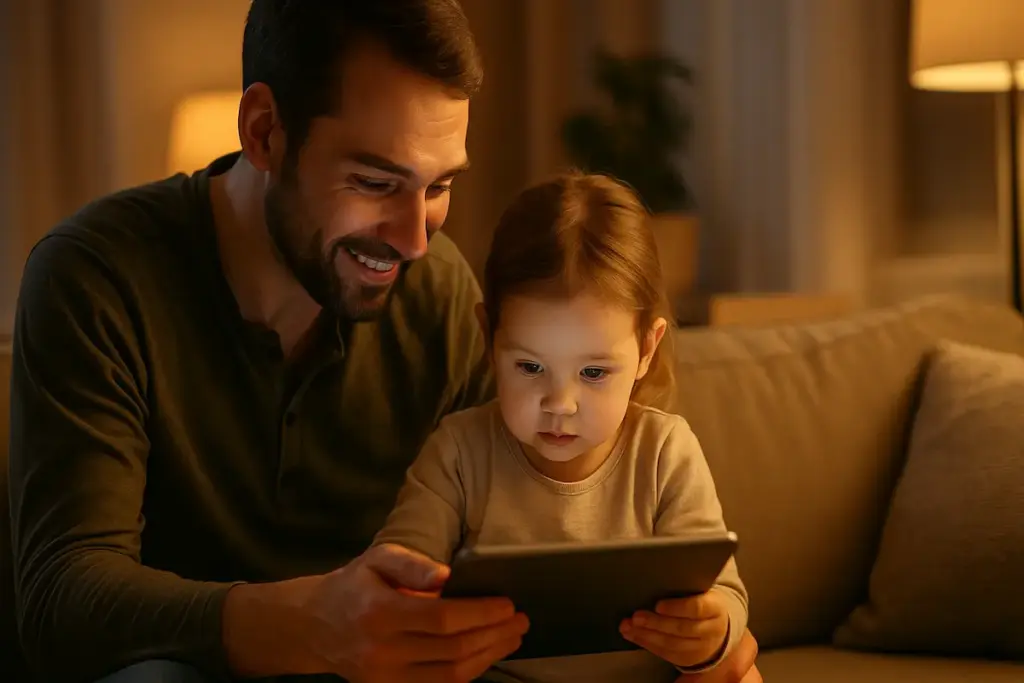 Ein Vater sitzt mit seinem Kleinkind auf dem Sofa und begleitet es liebevoll durch digitales Lernen auf einem Tablet.